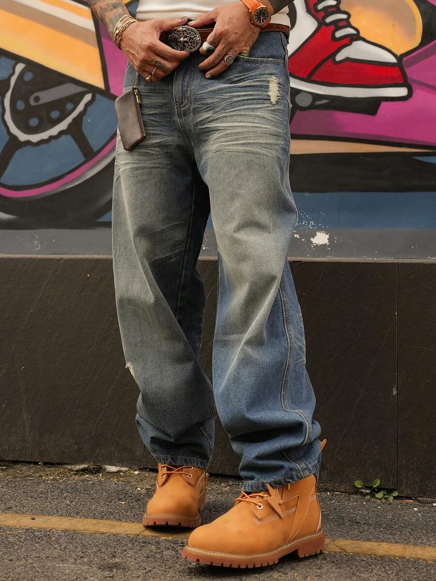 DAZY 男士做旧水洗口袋阔腿宽松牛仔裤，春秋季 - 藍色 - 查看 1