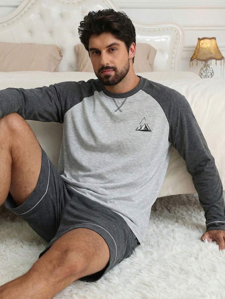Men's Spring/Summer Set With Long Sleeve T-Shirt And Shorts, Raglan Sleeve Design, Loungewear