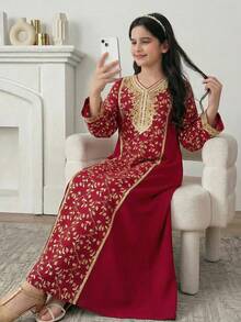 SHEIN Tween Girls Burgundy Velvet Embroidered Middle Eastern Style Gold Foil V-Neck Maxi Dress,Dark Red,Autumn,Elegant,Wedding Guest Party Banquet Gown - Burgundy - View 4