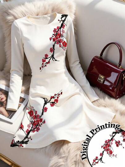 Resyla Women's Elegant Floral Print Waist Cinched Short Dress, Vacation Style, Spring/Autumn