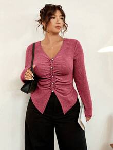 Vionelle Áo thun dài tay dáng ôm cổ chữ V, xếp ly, kẻ sọc, chất liệu dệt kim mềm mại, cỡ lớn, giúp thon gọn vóc dáng, thích hợp cho mùa thu/đông. - Màu Hồng  Dưa hấu - Xem 4