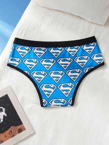 SUPERMAN X SHEIN 男士字母图案撞色滚边舒适三角裤 - 藍色 - 查看 2