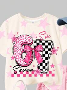 2pcs Tween Girls Casual Graphic Tee & Shorts Set, 67 Sports Number, Leopard, Checkerboard, Star Print, Relaxed Fit Short Sleeve Outfit For Spring/Summer Daily, Home, Sports, Street, Chill Chill, POV - Multicolor - View 4