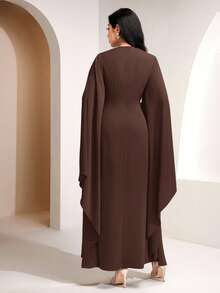 Veilorie 扭结、褶裥、纽扣装饰、收腰优雅夏日连衣裙 - 咖啡棕 - 查看 7