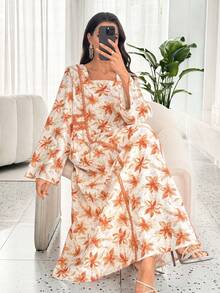 Al Najma Fashionable Floral Print Ruffle Trim Square Neck Loose Elegant Dress - Multicolor - View 4