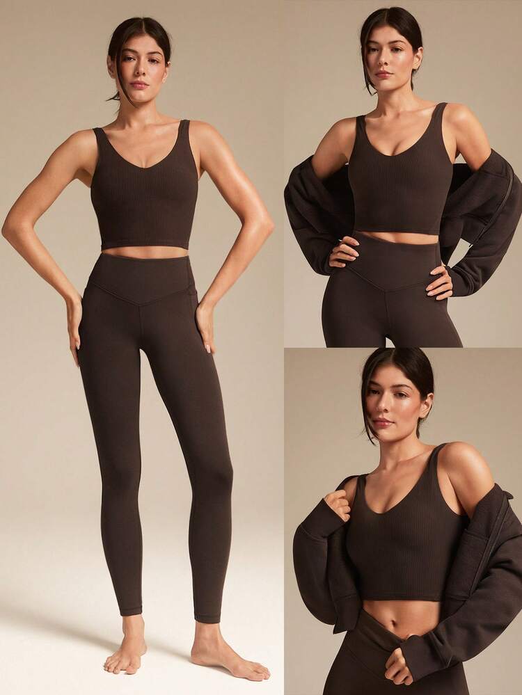 FeatherFit™-Ribbed Fresh Start Buttery-Soft Stretchy Bonding Flattering Seam Crop Tank Top Bra Low Impact Yoga Pilates Studio Gym Daily Casual Wear Removable Cups