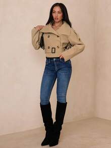 SHEIN Glamour Women's Khaki High Collar Windbreaker, Elegant Casual Short Straight Loose Fit Double-Breasted Trench Coat, Spring/Summer Women's Jacket - Khaki - View 6