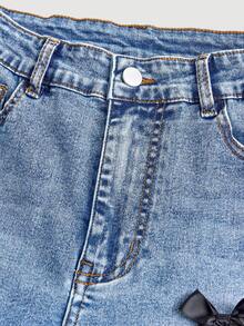 SHEIN Teen GirlFashion Personalized All-Season Versatile Black Applique 3D Embroidery, Distressed, Flared, High-Stretch Denim Jeans - Dark Wash - View 3