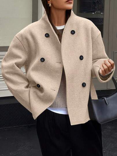 Easura European And American New Arrival Solid Color Vintage Double-Breasted Overcoat Women V-Neck Office Lady Overcoat Winter Fall Autumn Cropped Jacket Oversized Jacket