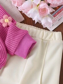 SHEIN Vintaside Kids 女婴蓝色花卉针织套头衫 + 直筒裤 2 件套，秋冬 - 粉色 - 查看 3
