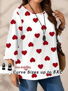 SHEIN CURVE+ 大码女式休闲爱心印花七分袖衬衫 - 彩色 - 查看 2