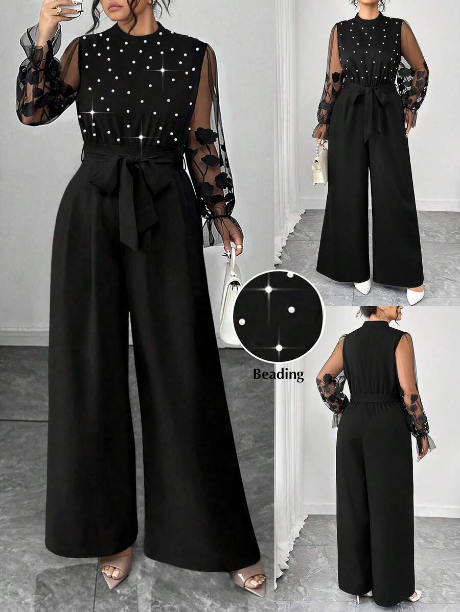 Elenzga جمبسوت فضفاضة مستقيمة بياقة عالية وأكمام طويلة من الراجلان مع تطريز لؤلؤي ورقعات من الشبك، مقاسات كبيرة - الأسود - مشاهدة 1