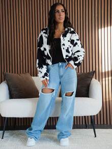 SAYEHFBABY 女式秋季新款奶牛印花蓬松连帽开衫夹克 - 黑與白 - 查看 4