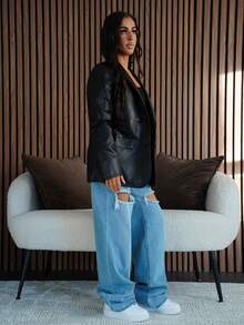 SAYEHFBABY 青果領單釦PU皮革西裝外套 - 黑色 - 查看 5