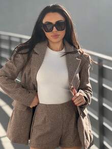 Durrani Popal 女士复古时尚通勤棕色格子羊毛西装套装，包括修身西装外套 + 低腰短裤（带垫肩），秋冬两件套 - 棕色 - 查看 4