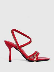 CUCCOO SZL Women's Pointed Toe Zipper Design Fashionable Elegant High Heel Sandals - Red - View 2