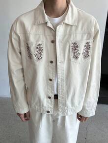 DAZY Embroidered Pattern Washed Beige Men's Jacket Set, Spring/Autumn - Apricot - View 3