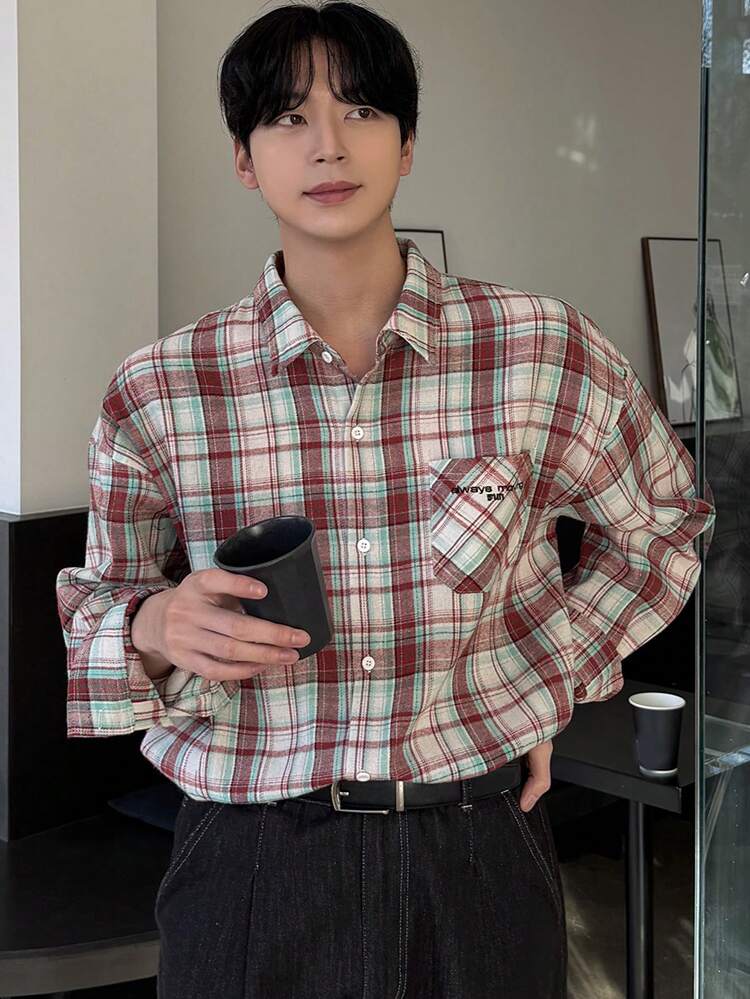 Men's Plaid Multi-Color Long Sleeve Single-Breasted Pocket Shirt, Suitable For Spring And Autumn