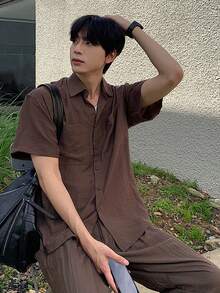 DAZY Men's Solid Gray Short Sleeve Shirt And Pants Set, Spring/Summer - Grey - View 3