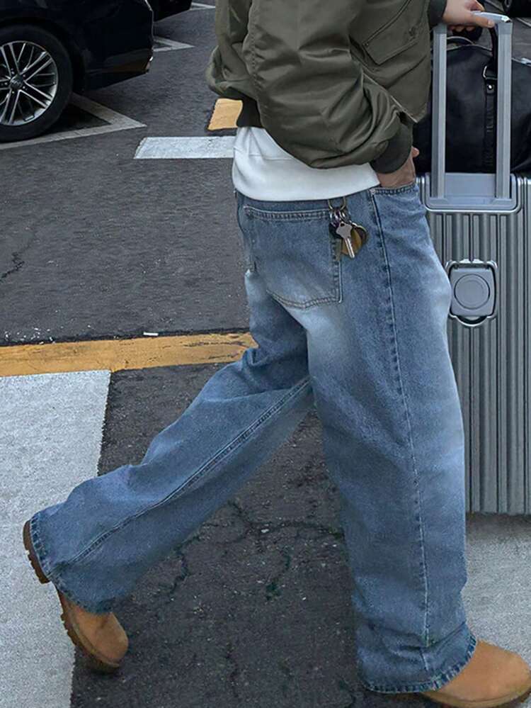 Men's Solid Blue Washed Vintage Style Jeans, Spring