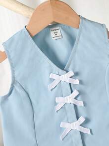 Elladie kids Young Girl Bow Decor Vest And Pleated Mini Skirt Casual Set School Clothes Girls Girls Skirt Set Kids Girl Outfit Girls Outfits Sets Pleated Skirt Set Kids School Girl Outfit Girl Skirt Outfits School Clothes Uniform Girls Summer Coord Set School Outfit For Kids Girl - Blue - View 4
