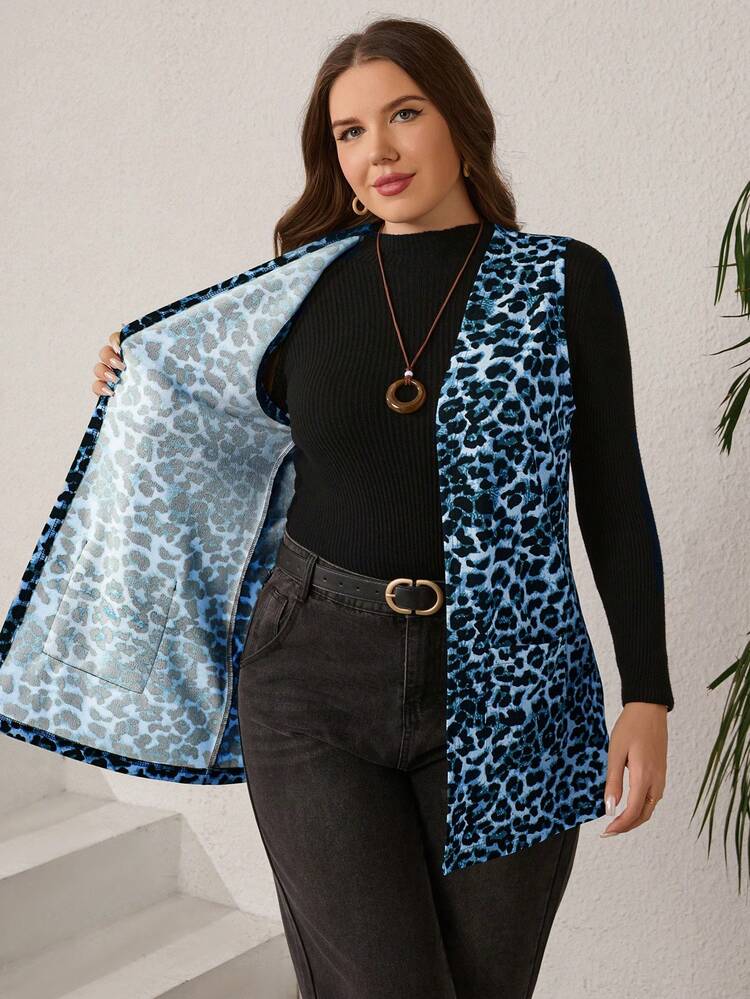 Plus Size Women's Summer Casual Vacation Leopard Print Open Front Sleeveless Jacket,Spring Break ,Vacation Women ,Holiday For Women,Going Out,2026 New,Simple And Fashionable For Everyday Wear, Animal Print, Cardigan With Print
