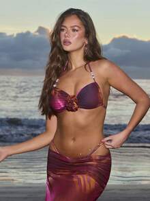 Swim Vcay 3pcs Women's Swimwear Set: Burgundy Pearl Flower Mesh Coverup, Low Waist Skirt, Pearl Vacation Beach - Burgundy - View 6