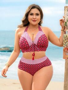 Swim Lushoire 大码女士性感比基尼套装，高腰蝴蝶结挂脖拼接数码印花泳衣，适合海滩派对和度假 - 彩色 - 查看 1