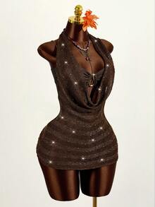 Mistrie Women's Summer Beach Solid Color Metal Decor Sexy Bikini Set With Coverup Halter Dress - Multicolor - View 3