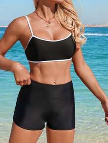 Swim SPRTY Women's Contrast Trim Spaghetti Strap Bikini Top - Black - View 7