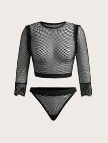 SpicyHot 2pcs Extremely Sexy Mesh Lingerie Set - Black - View 9