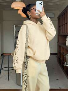 SHEIN EZwear 蛋黄色女式连帽刺绣卫衣 女式坏女孩服装 黄色卫衣 奶油黄服装 Y2K卫衣 - 淡黃色 - 查看 5