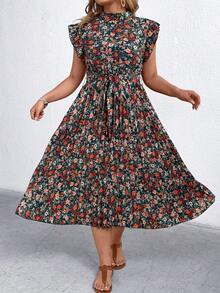 EMERY ROSE 大码女式夏季复古印花立领荷叶袖系带褶皱连衣裙 - 黑色 - 查看 5