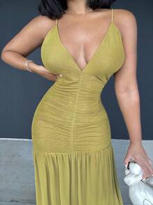 Alexandranx Ruched Front Drop Hem Dress Vacation Spring Spring Summer Occasion Wedding Deep V Cute Sexy Elegant Vacation Beach Holiday Ibiza Fall Night Out Wedding Guest, Elegant, Birthday, Church, Night Out Christmas - Olive Green - View 4