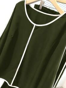 EMERY ROSE Plus Size Women's Contrast Color Round Neck Long Sleeve Shirt And Wide Leg Pants Casual 2 Pieces Set - Army Green - View 7