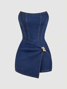 SHEIN MOD Áo liền quần denim kiểu ống lệch vạt trang trí kim loại dành cho nữ - Rửa tối - Xem 5