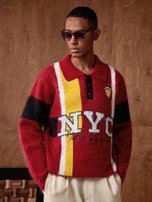 AKNOTIC Business Casual Men's Red Letter Jacquard Long Sleeve Polo Neck Casual Sweater,Autumn Graphic Streetwear Knit 90s Y2k Fashion Graduation Back-To-School NYC Jersey - Red - View 4