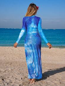Swim Mulvari 3pcs Women's Tie-Dye High Neck Long Sleeve Zipper One-Piece Swimsuit With Pants, Shell Net Mesh Skirt, Middle East Beach Cruise Vacation Swimwear, Sun Protection Casual Beach - Blue - View 3
