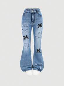 SHEIN Teen GirlFashion Personalized All-Season Versatile Black Applique 3D Embroidery, Distressed, Flared, High-Stretch Denim Jeans - Dark Wash - View 1