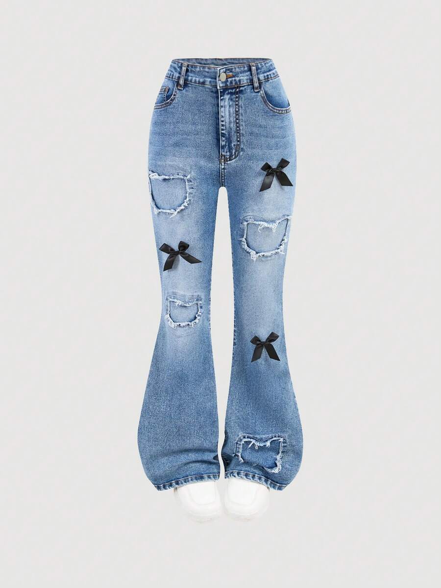 SHEIN Teen GirlFashion Personalized All-Season Versatile Black Applique 3D Embroidery, Distressed, Flared, High-Stretch Denim Jeans - Dark Wash - View 1