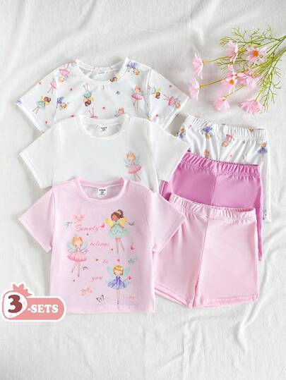 Vintaside Kids 3pcs Girls' Casual Loose Cherry Print Short Sleeve T-Shirt And Shorts Set, Suitable For Summer