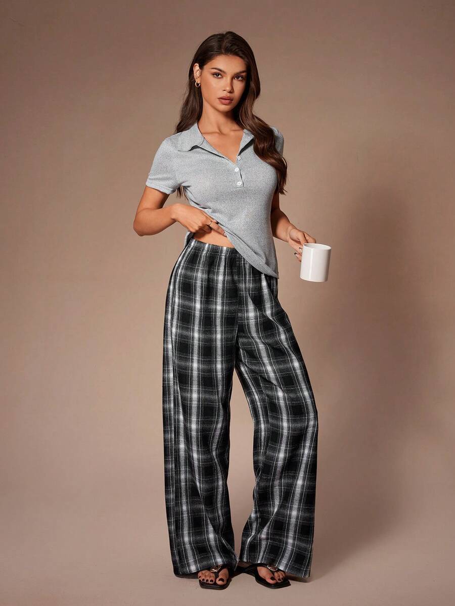 SHEIN 2pcs Thin T-Shirt Top & Plaid Pants Casual Loungewear Set, Slim Fit & Relaxed - Light Grey - View 1