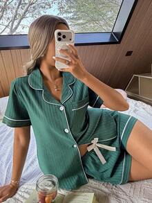 SHEIN Contrast Trim Bow Decor Lapel Cardigan Short Sleeve & Shorts Women Pajama Set - Army Green - View 6