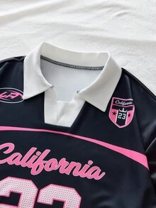 AXEPEAK Camisa polo casual de manga corta con estampado de letras para hombre, holgada - Negro - Ver 3