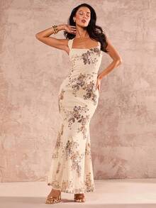 SHEIN Glamour Đầm ôm dáng đuôi cá đính sequin họa tiết hoa dành cho nữ - Rượu sâm banh - Xem 6