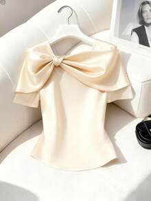 GlowEve Apricot Bowknot Twist Waist Fitted Knit T-Shirt - Apricot - View 3
