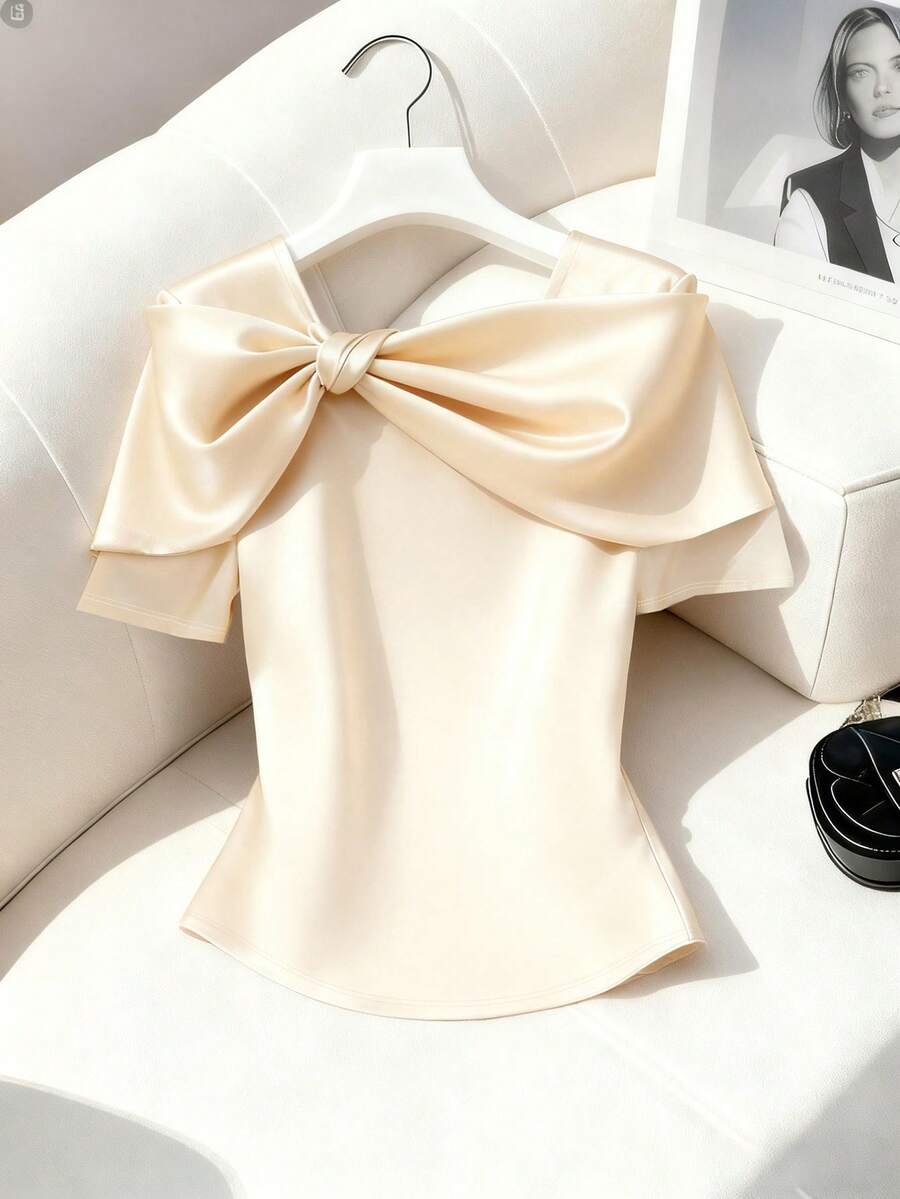 GlowEve Apricot Bowknot Twist Waist Fitted Knit T-Shirt - Apricot - View 1