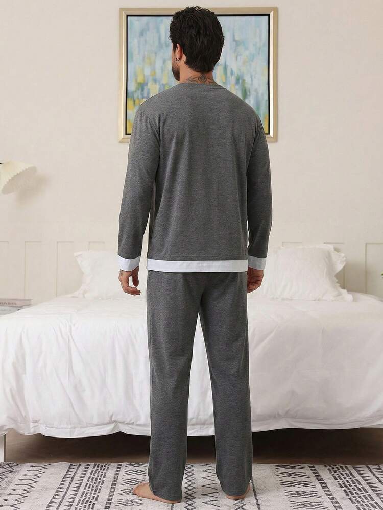 Men's Grey Patchwork Hem Loungewear Set, Spring