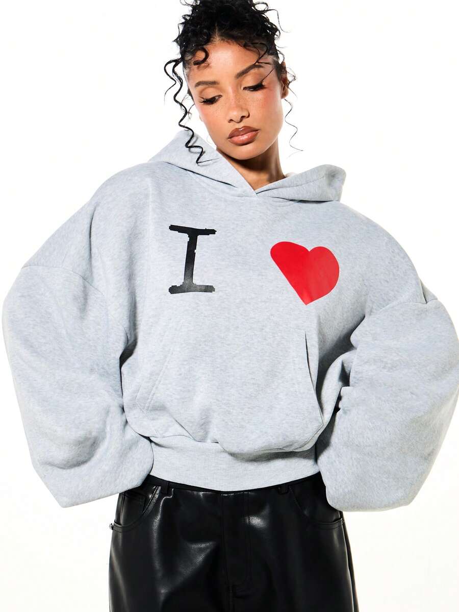SUMWON WOMEN Boxy Fit Oversized Grey Hoodie With Red Heart Graphic Print Long Sleeve Casual Winter Fall Pullover Sweatshirt For Valentine's Day - Grey - View 1