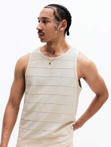 SUMWON Men's Ribbed Knit Tank Top With Horizontal Stripe Pattern And Crew Neck For Summer Casual Wear - Apricot - View 4